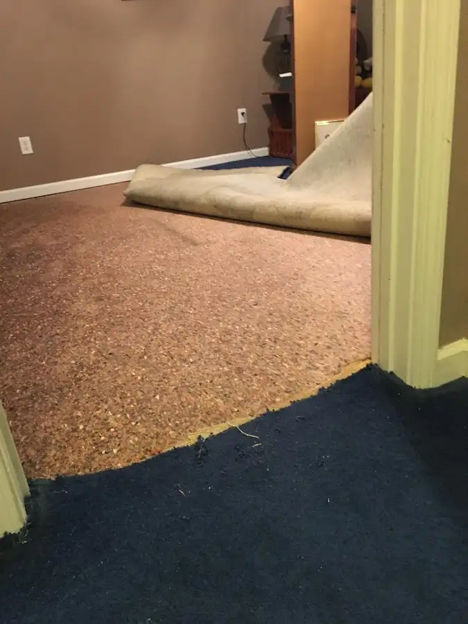 Carpet pad removal revealing water damage during Water Mitigation Services in The Woodlands